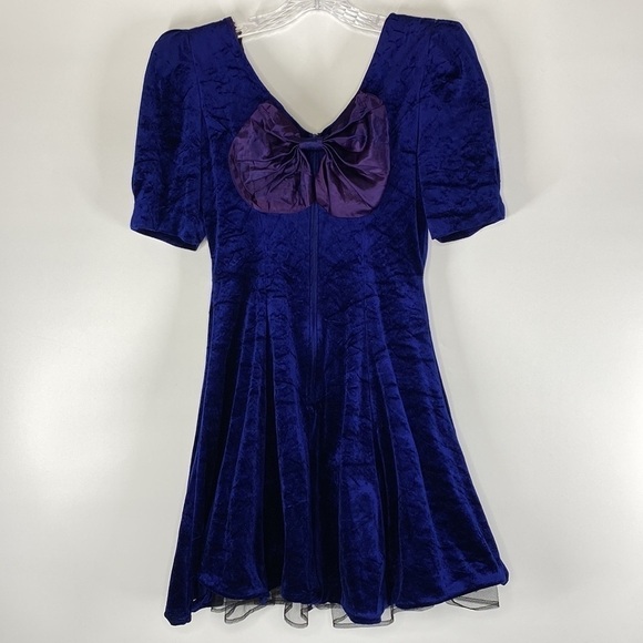 Vintage D.B.Y Ltd. Blue Velvet Bow 80s Dress Size 7 - Picture 4 of 10